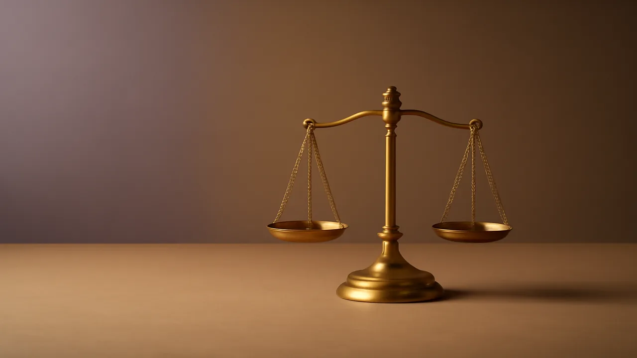 Small brass letter-scale in balance on a warm taupe surface.