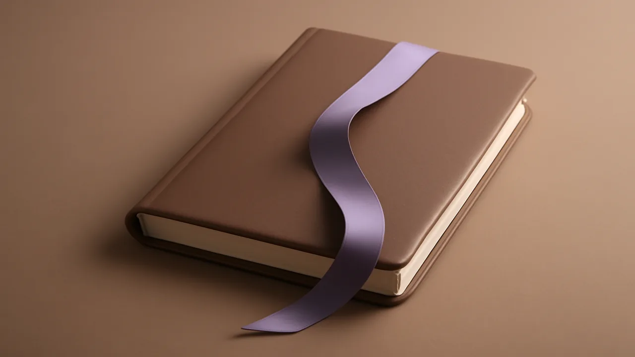 Satin bookmark ribbon draped across a closed leather-bound book.