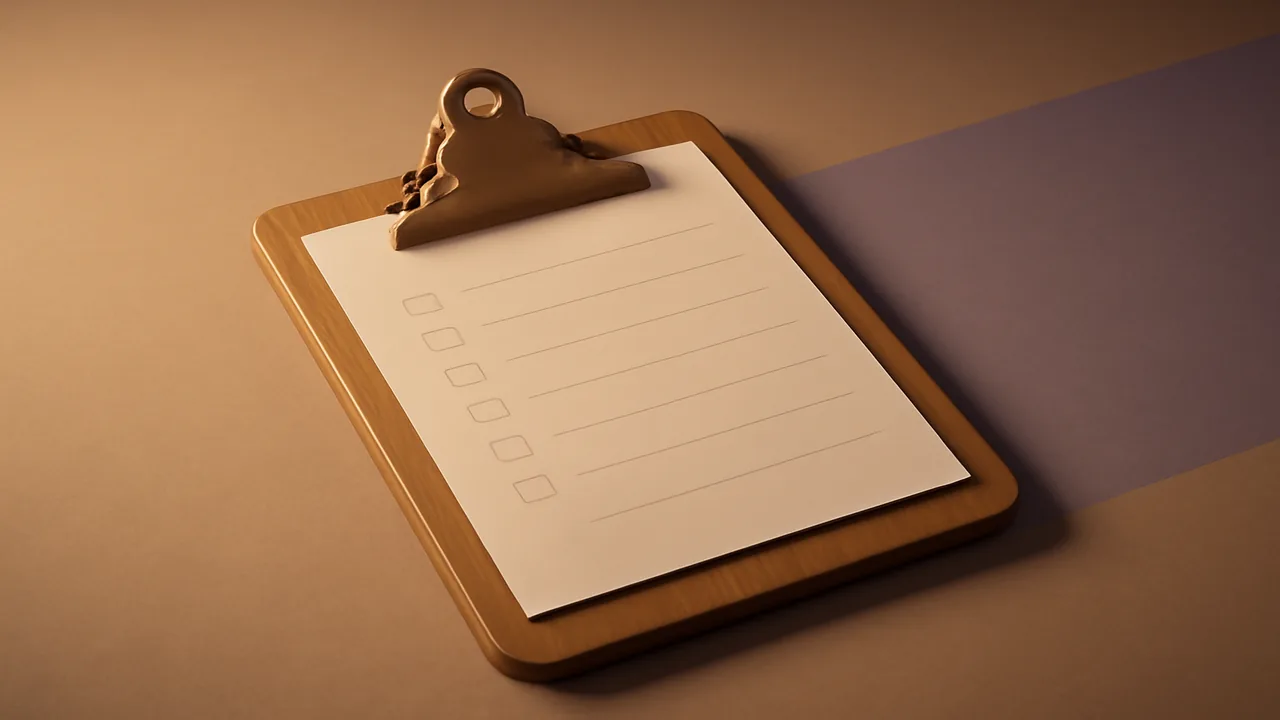 Wooden clipboard with a blank checklist sheet on a reading desk.