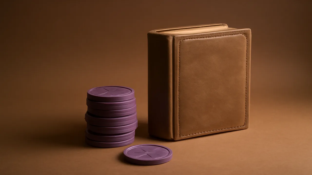 Small stack of abstract violet coins beside a leather-bound ledger.