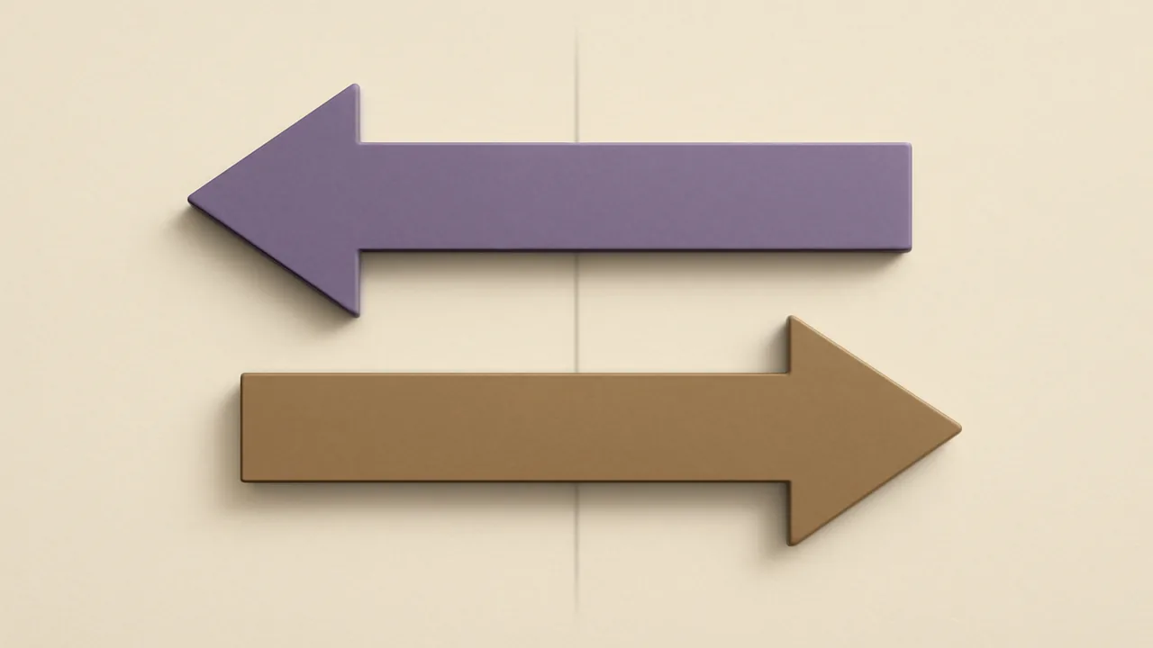 Abstract deposit-withdrawal arrow composition rendered in warm taupe and muted violet
