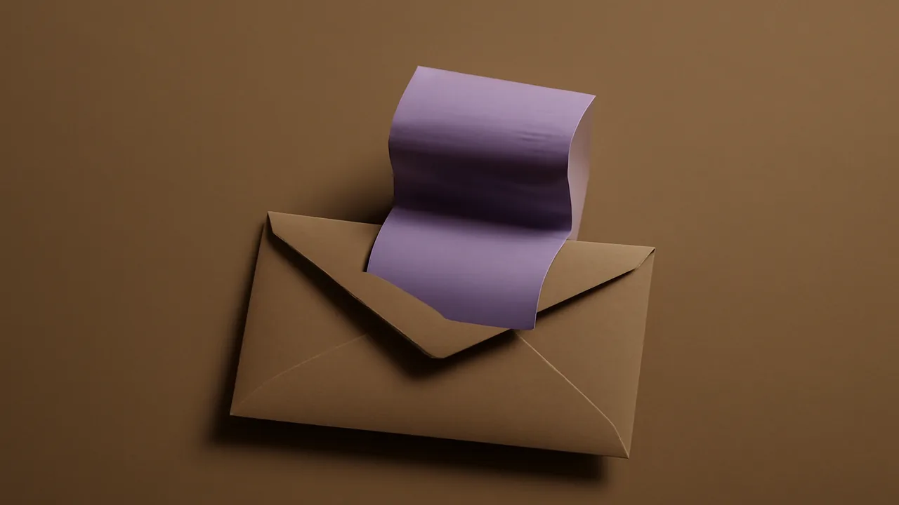 Taupe envelope with a folded paper receipt emerging from it.