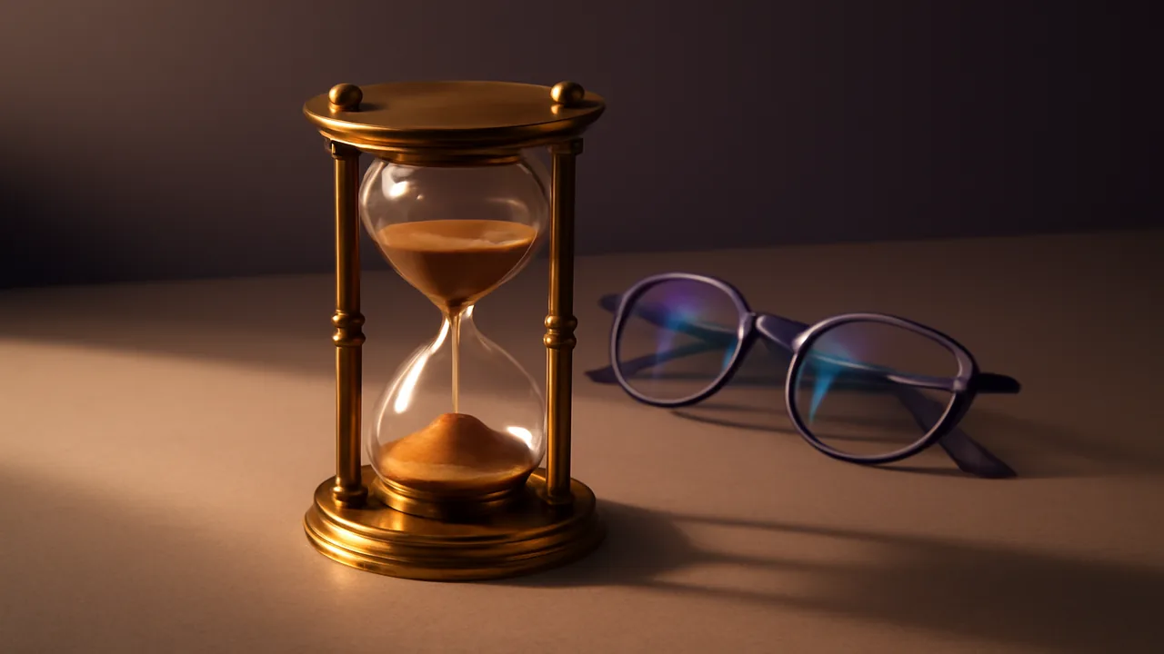 Brass hourglass with sand mid-flow on a taupe desk beside folded reading glasses.