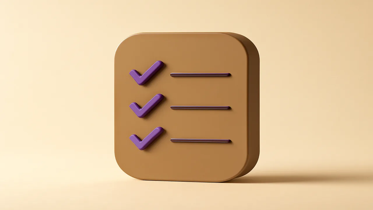 Abstract how-to-evaluate checklist rendered in warm taupe and muted violet