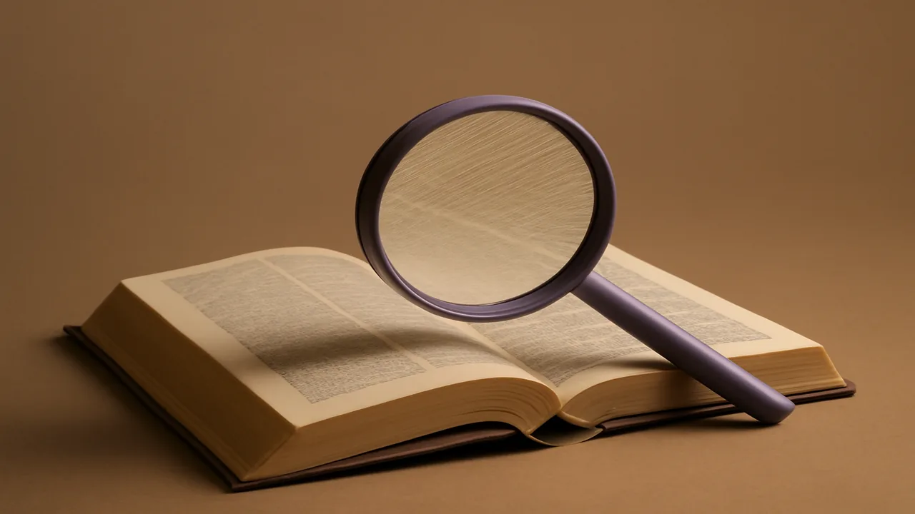 Small round magnifying glass hovering over an open dictionary page.