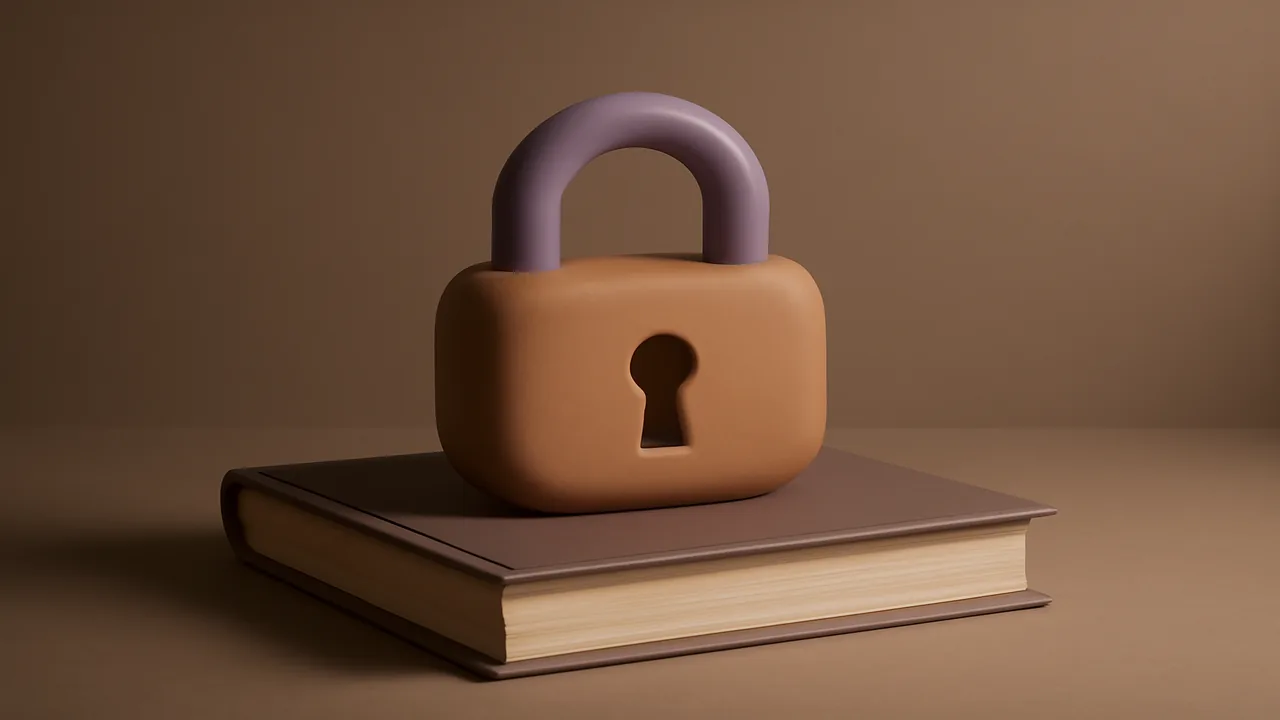 Soft rounded padlock resting on a closed leather-bound book.