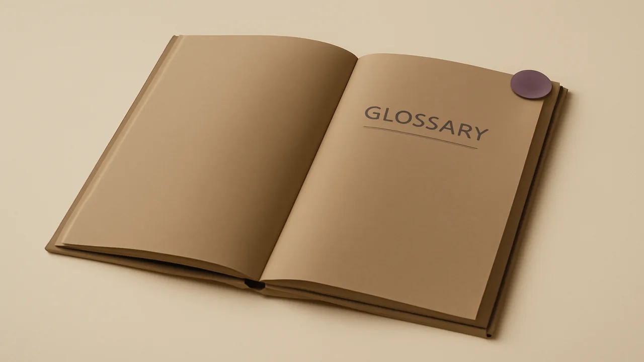 Abstract plain-English glossary page rendered in warm taupe and muted violet