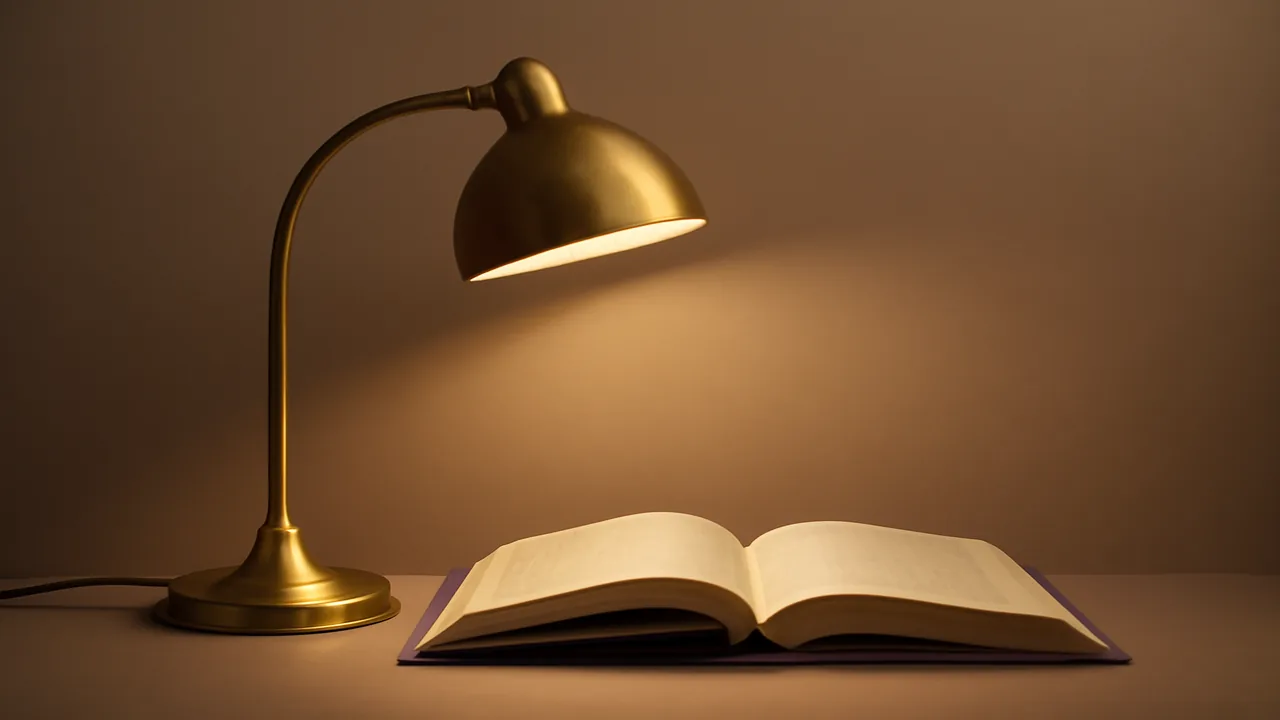 Brass reading lamp beside an open hardcover book on a wooden reading desk.