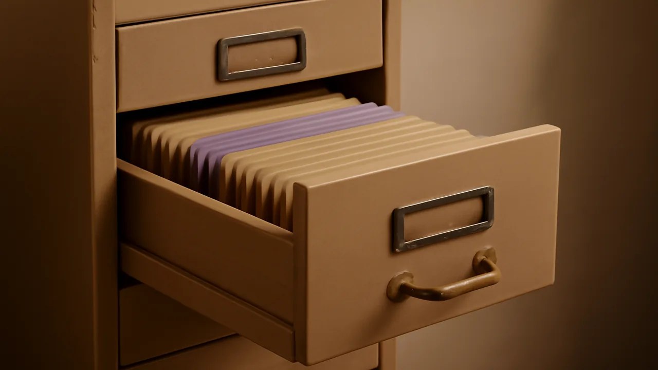 Half-open card-catalogue drawer showing rows of taupe reference cards.